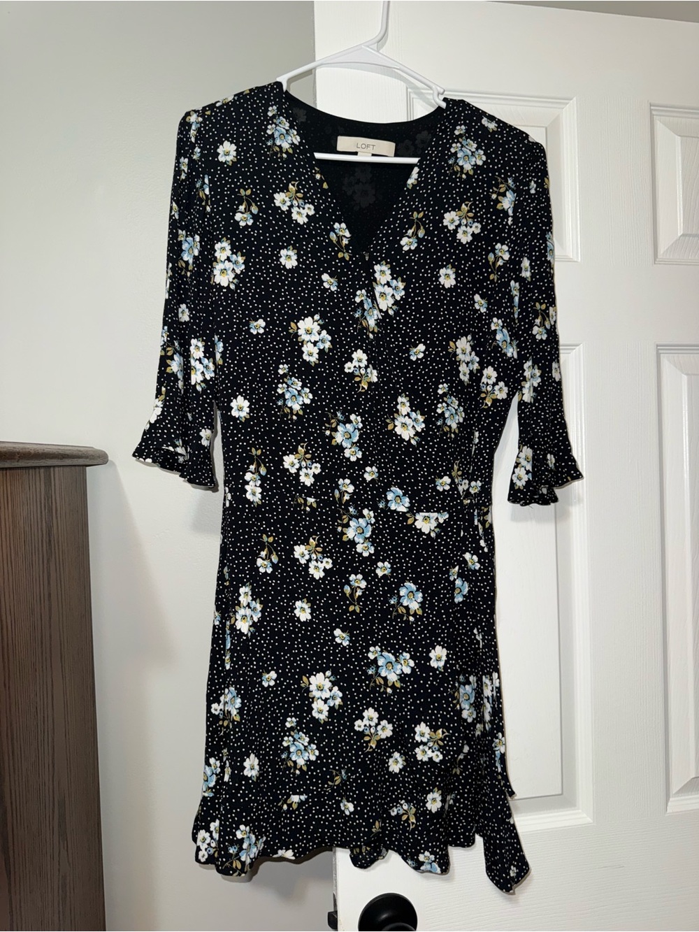 LOFT Black Floral Wrap-Style Mini Dress